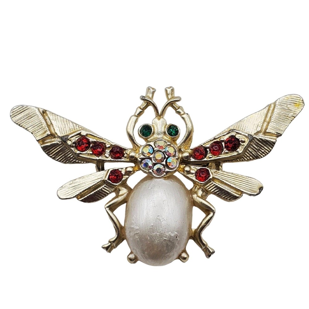 Rhinestone Bug Brooch Faux Pearl Belly Body Insect Pin Vintage Wasp Bee Beetle